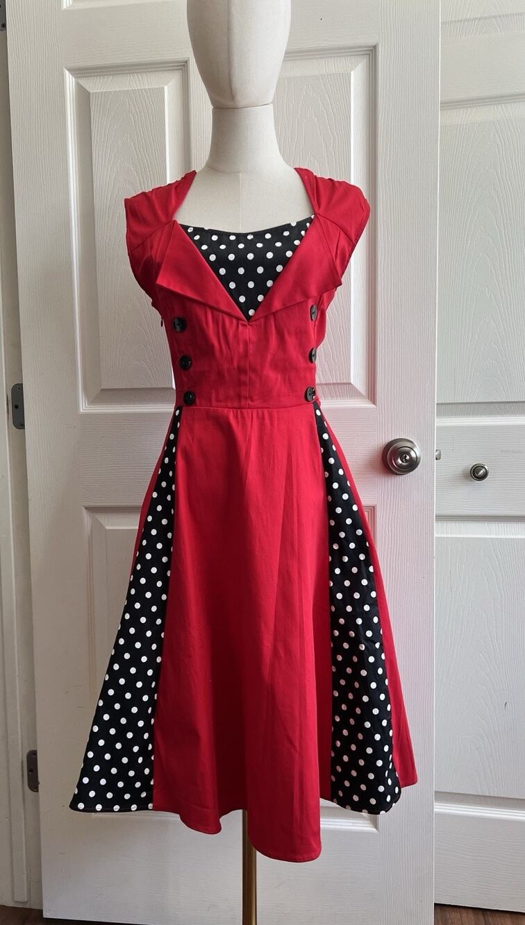 Vtg 80s 90s Red Blk White Polka Dot Sailor Dress 2XL Nautical Pin-Up Rockabilly